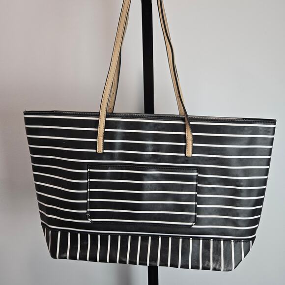 Vintage Y2K Guess Tote Bag Purse Black White Stripe Coated Canvas Heart Charm - Picture 4 of 11